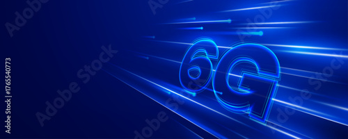 Glow of 6G technology symbol with blue speed light streaks