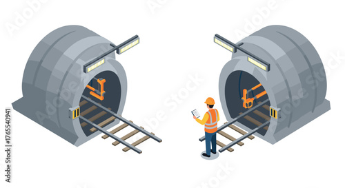 Isometric tunnel construction scenario with engineer and railway tracks