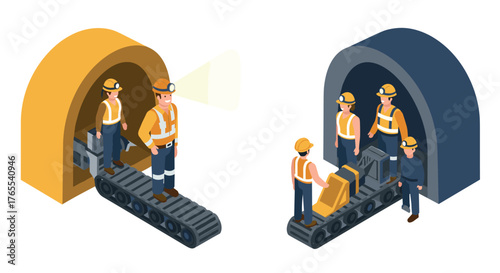 Isometric miners in tunnels with conveyor belts and equipment
