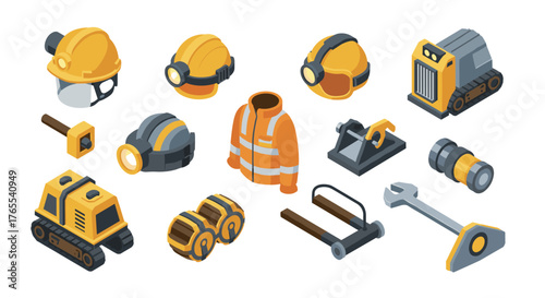 Construction equipment icons in isometric style featuring helmets and tools