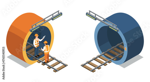 Isometric construction scene with engineers inspecting tunnel entrances