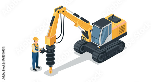 Isometric construction scene with worker operating heavy machinery