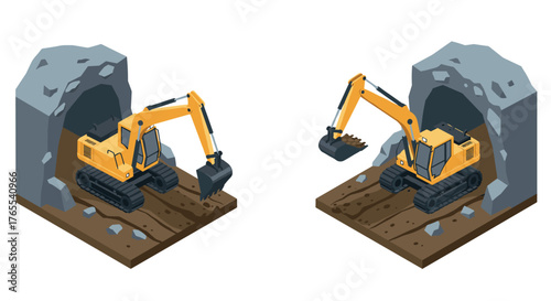 Isometric excavator at tunnel entrance with rocky surroundings