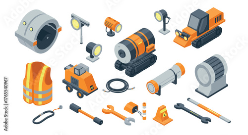 Isometric construction tools and machinery set with safety equipment