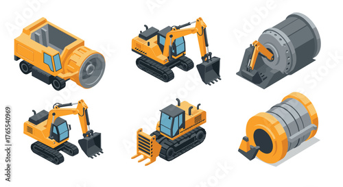 Isometric construction vehicles and equipment set in yellow