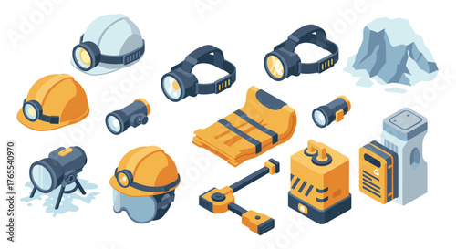 Essential isometric safety equipment set for construction and mining workers in modern design