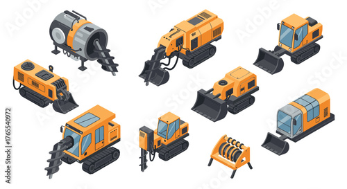 Construction equipment isometric set featuring excavators, bulldozers, and drilling machines in orange and gray tones