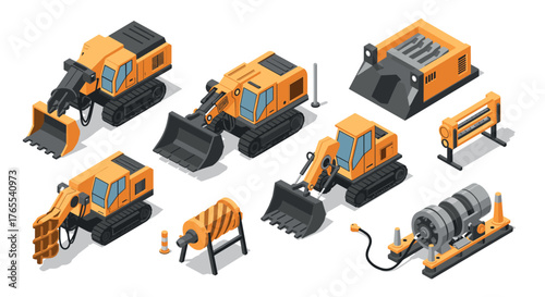 Isometric construction machinery set featuring excavators and loaders
