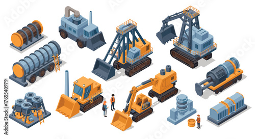 Isometric heavy machinery equipment collection for industrial projects