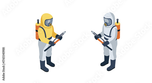Isometric hazmat suit characters with sprayers on white background