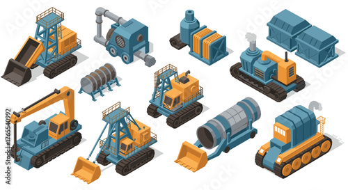 Isometric construction machinery set with detailed industrial equipment icons
