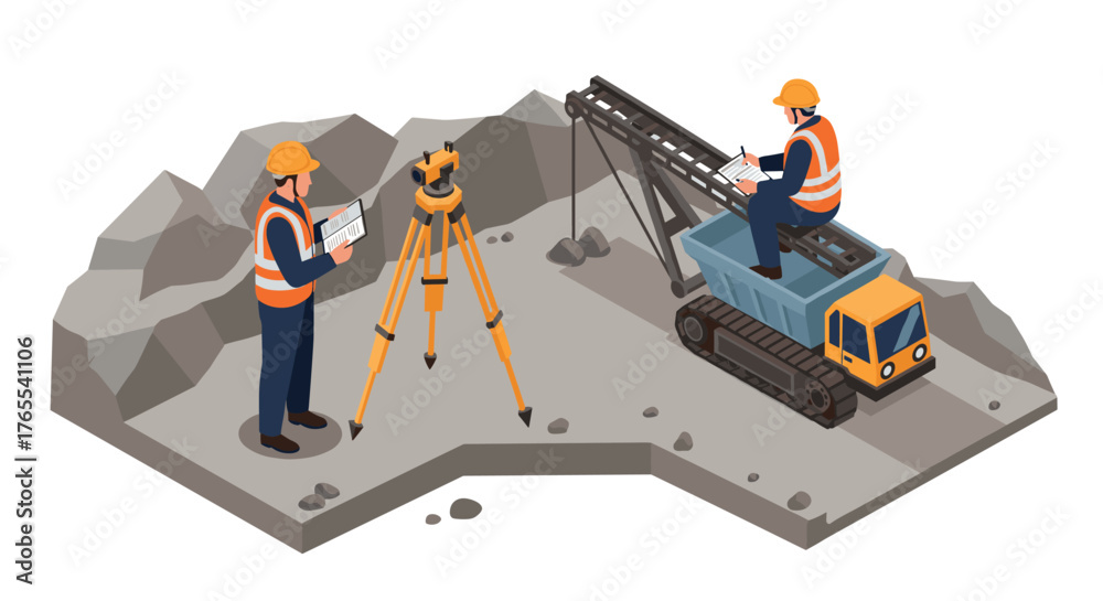 Fototapeta premium Construction engineers measuring site with surveying equipment in isometric style