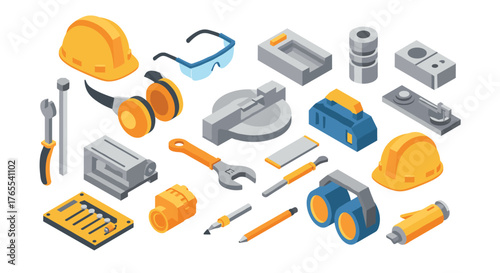 Comprehensive collection of isometric construction tools and safety equipment on white background