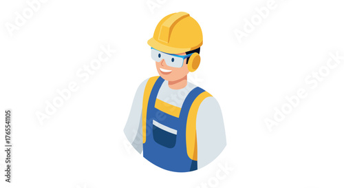 Smiling construction worker in safety gear with hard hat and goggles