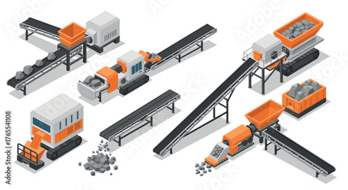 Industrial conveyor system with machinery and construction equipment isometric design