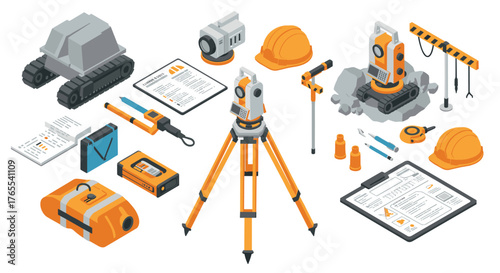 Isometric surveying equipment set with instruments and safety gear