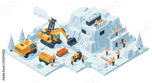 Construction site in winter mountains with heavy machinery and workers in isometric design