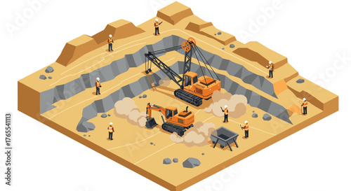 Isometric construction scene with excavators and workers in quarry