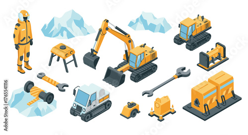 Isometric construction equipment and worker with heavy machinery and tools