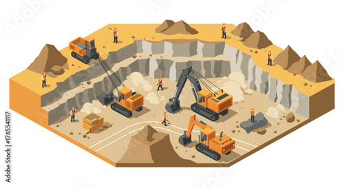 Busy quarry site with workers and machinery in isometric view