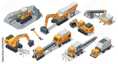 Isometric construction equipment set featuring excavators, dump trucks, and loaders on white background