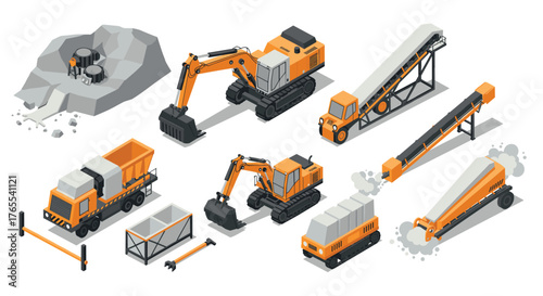 Isometric construction machinery set featuring excavator, conveyor, and cement mixer