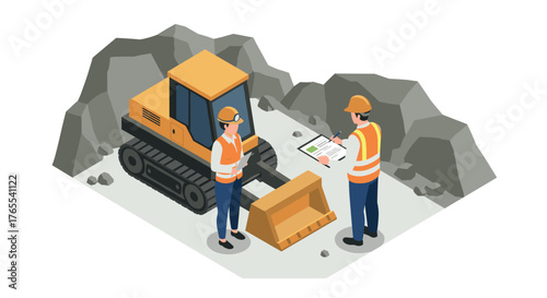 Isometric construction scene with workers and bulldozer in quarry