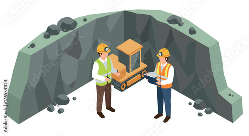 Isometric mining professionals analyzing data in quarry environment