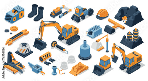 Isometric construction equipment set featuring heavy machinery tools and safety gear