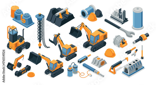 Isometric heavy machinery and construction tools set in vibrant colors