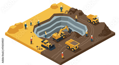 Isometric construction site with engineers and heavy machinery in mining pit