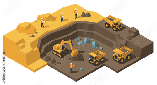 Isometric quarry scene with heavy machinery and workers