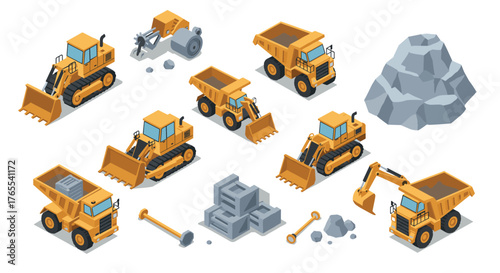 Isometric construction vehicles with heavy machinery and equipment on white background