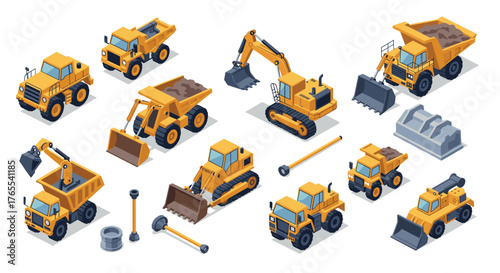 Construction machinery set in isometric style for building and industrial projects