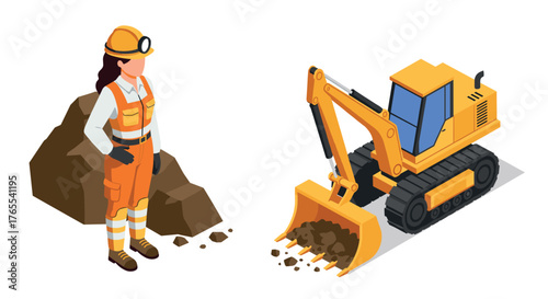 Isometric construction worker and excavator with pile of dirt in safety gear