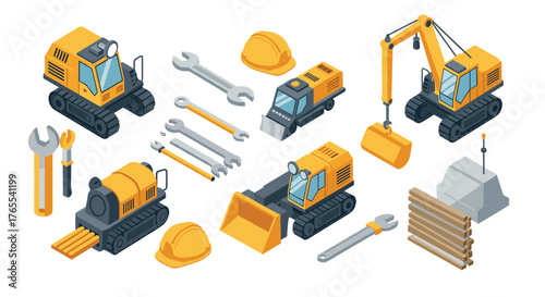 Isometric construction vehicles and tools set with excavators and bulldozer