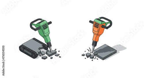 Isometric jackhammers breaking concrete with vivid colors