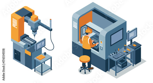 Isometric cnc machine and operator in modern manufacturing setup