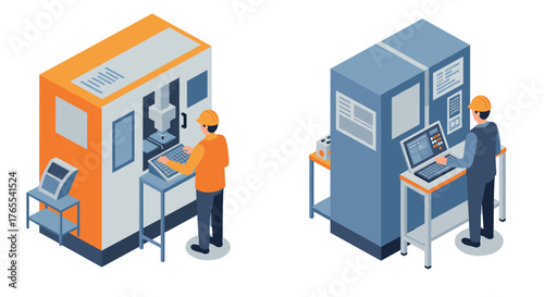 Modern factory automation: engineers operating cnc machines with touchscreen interfaces
