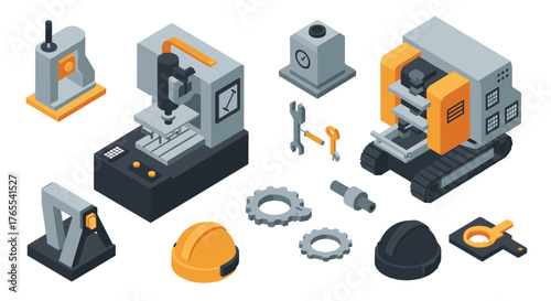 Isometric industrial machinery set with construction tools and equipment