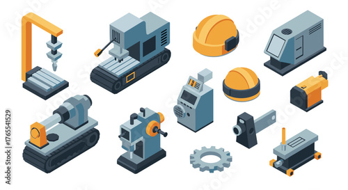 Industrial machinery icons in isometric style for modern manufacturing and engineering projects