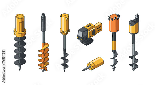 Collection of isometric drilling tools and heavy machinery components