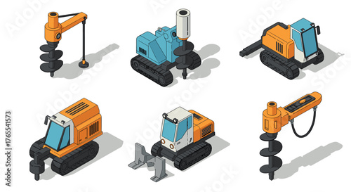 Isometric heavy machinery set featuring drilling excavators