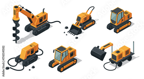 Heavy machinery icons set featuring various construction equipment in isometric style