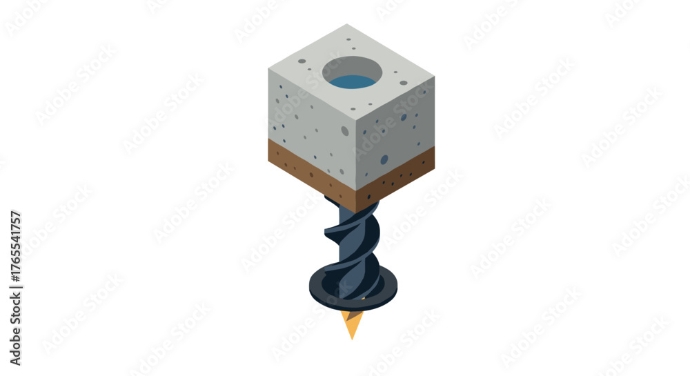 Fototapeta premium Isometric drill bit embedded in concrete block with metal spiral design