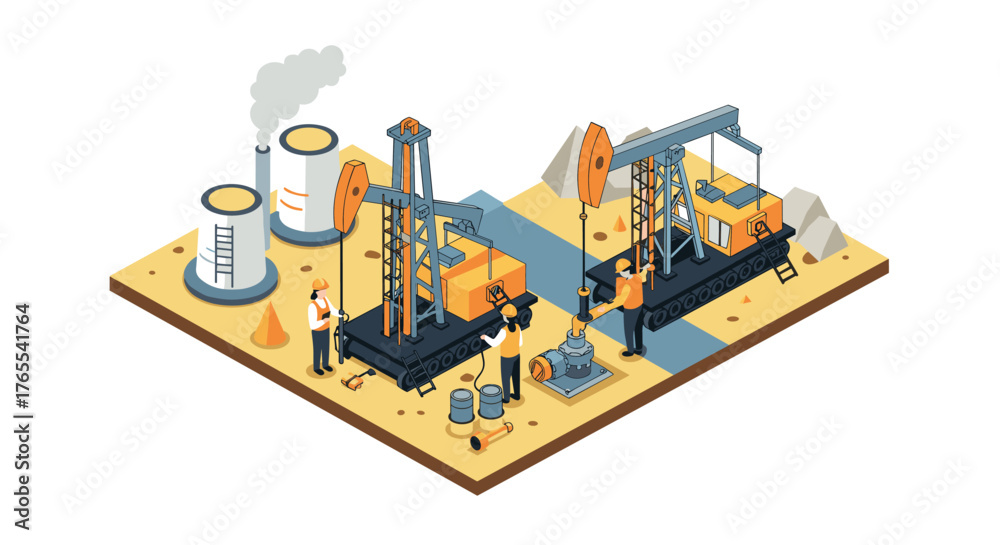 Fototapeta premium Isometric oil rig operation scene with industrial workers and equipment