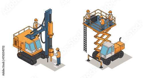 Construction equipment with workers in isometric style