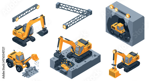 Construction equipment isometric set with excavators and machinery elements
