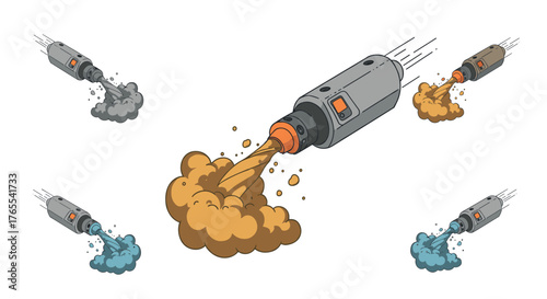 Cartoon rocket pen launching with vibrant colorful smoke trails