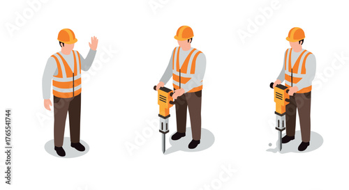 Construction worker using jackhammer in isometric style